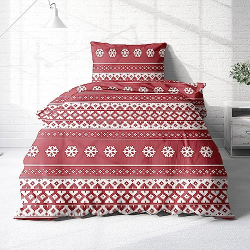 Träumschön Biber Bettwäsche Set 2tlg 135x200 cm + 80x80 cm – Flauschige Weihnachtsbettwäsche Rot – Weiche Winterbettwäsche mit Schneeflocken - Atmungsaktiv, Warm & Hautfreundlich - 100% Baumwolle