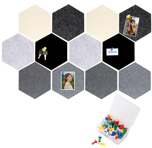 FWEEK 12 Stück Pinnwand Hexagon, 26 x 30CM Filz Pinnwand, Memoboard Filz mit 50 Pinnnadeln für Klassenzimmer Büro und Arbeitszimmer - Schwarz, Grau