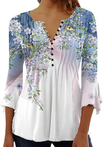 Yeenily Camicia Elegante Donna a Manica Scollo a V T-Shirt a 3/4 Lunga Top Bluse Maglietta Stampato Basic Tee(Fiore Blu,L)