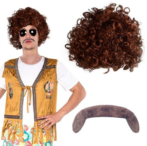 SKHAOVS Hippie Kostüm Zubehör Mode Afro Perücke Schnauzbart 60er 70er Jahre Disco Dude Perücke Schnurrbart kurz gelockt Afro Shaggy Perücke Karneval Festivals Thema Party (Dunkelbraun)