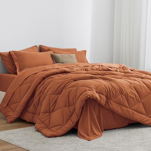 Love's cabin Full Comforter Set Terracotta, 7 Pieces Full Bed in a Bag, All Season Bedding Sets with 1 Comforter, 1 Flat Sheet, 1 Fitted Sheet, 2 Pillowcase and 2 Pillow Sham