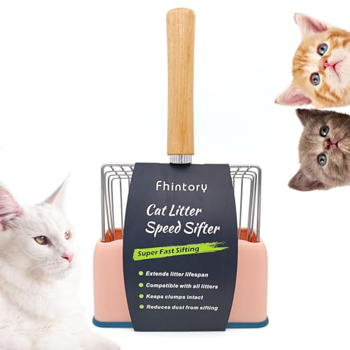 Katzenstreuschaufel mit Behälter, Katzenklo Schaufel Metall mit Halterung, Katzenstreu Schaufel mit Holzgriff, Lochabstand 7mm, Länge 28cm, Litter Box Scoop, Cat Litter Scoop