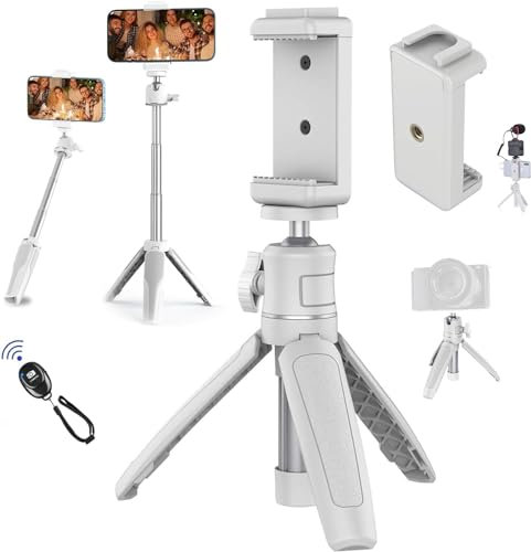 VIDIFY MT-08 Travel Tripod - Extendable Mini Tripod Stand with 1/4'' Screw, Phone Clamp and Bluetooth Shutter Remote for iPhone Vlogging and Smartphone Selfies