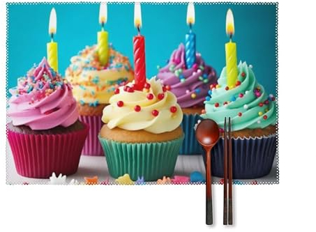 Placemats Set of 4 Washable Place Mat Heat Resistant Table Mat for Dining Table Colorful Happy Birthday Cupcakes Non-Slip Placemat Wipeable Tabletop Protector for Kitchen Decoration 18 X12 Inch