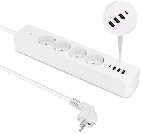 TNOMSNO Multiprise Electrique, Multiprise USB 4 Prises avec 4 Ports USB Multiprise avec Interrupteur (16A/4000W), Prise Multiple avec Cable 1.8m pour Maison, Bureau