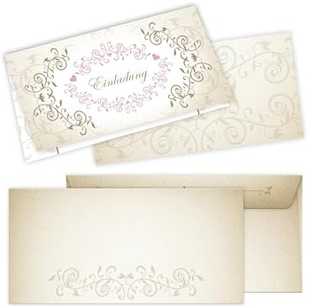 25 Einladungskarten mit 25 Kuverts für Hochzeit, Standesamt, Geburtstag, Konfirmation, Kommunion, Taufe, Geburtstag, Jubiläum. Klappkarten 21 x 10,5 cm. Luxuriöse florale Ornamente gold creme