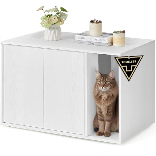 SONGMICS Home Meuble Litière Chat, Assemblage Ultra-Rapide sans Outils Toolless, Cache-litière pour Grands Chats, Porte à Ouverture par Pression, Table, Minimaliste, Moderne, Blanc Neige PCL013W01