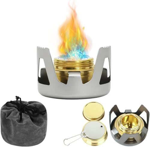 Hominas Mini Réchaud à Alcool Portable Ultraléger Brûleur à Alcool en Laiton Brûleur de Cuisinière à Alcools avec Support en Aluminium pour Randonnée Camping Pique Nique (Gris)