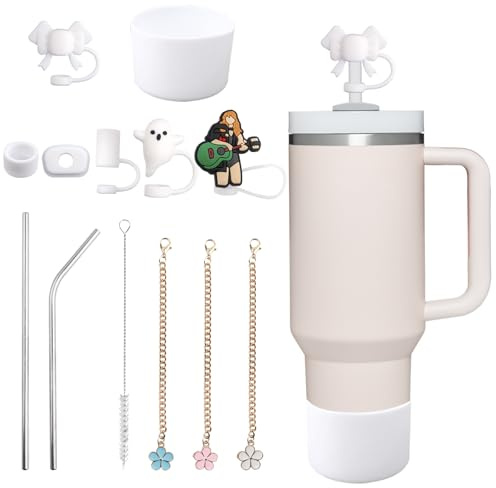 PEAKTOP 14PCS Accesorios Para Taza De Viaje, Tapas De Pajitas, Pajitas, Cepillo, Funda, Abalorios, A Prueba De Fugas, Reutilizable, Silicona, Blanco