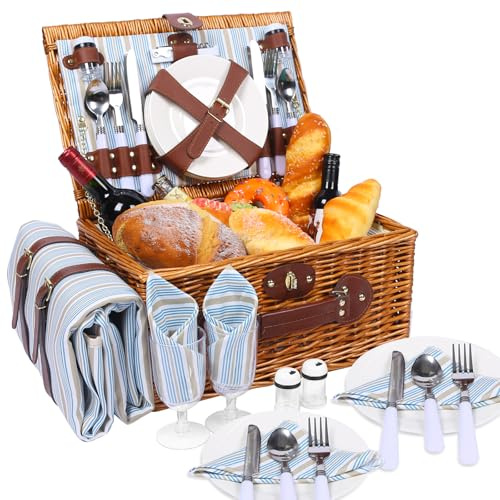 HYBDAMAI Juego de cesta de picnic para 4 personas con compartimento refrigerador y manta de picnic impermeable, correa extraíble, bolsa de vino, juego de cubiertos, para camping, playa, senderismo,