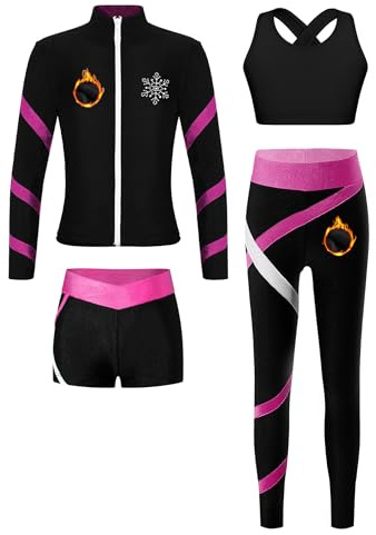 iiniim 4tlg.Mädchen Trainingsanzug Winter Sportanzug Fleece Eiskunstlauf Anzug Warm Winter Jogginganzug Yoga Gym Tanzen Eislaufen Sport Set Schwarz&Dunkel Rosa 110-116