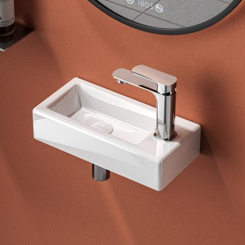 EMKE Lave-Mains Compact 37 x 17,8 x9,5 cm,Robinet à Droite,Blanc Brillant | Petit Lavabo Rectangulaire pour Toilettes, Mini Vasque Murale de Faible Profondeur avec Trou(Sans Robinet ni Bonde)