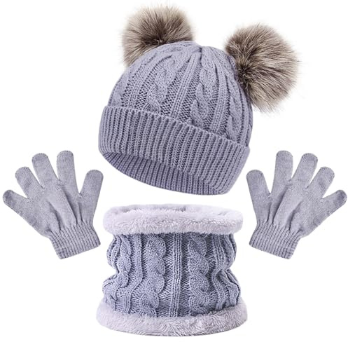 JSTHHTT 3 en 1 Ensemble Bonnet Écharpe, Enfant Hiver Tricoté, Tricoté Tour de Cou Chaud avec Doublure, Bonnet Enfant Hiver avec Pompon, Hiver Accessoires, pour 2-4 Ans Fille Garçon