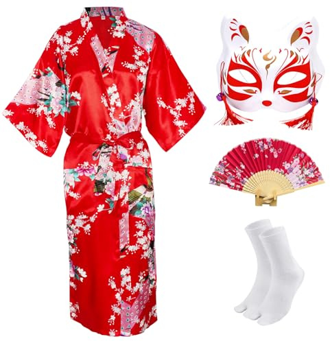 CRFASIBE 4 Stück Kimono Damen Japanischer, Traditionelles Japanische Maskerade Kostüm, Langer Pfauen Kimono Yukata Bademantel with Accessories (Rot,3XL)