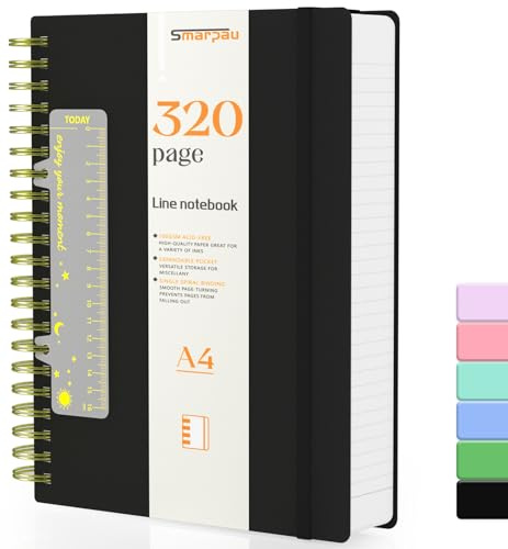 Smarpau Spiral Notizbuch A4, Hardcover 320 Seiten&100gsm Liniert Journal | Tagebuch zum Schreiben, Lined Journal für Frauen und Männer im Büro oder in der Schule, 21.5 x 28 cm-Schwarz