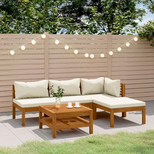 IKAYAA Gartenmöbel Set Holz Gartenlounge Holz Gartenlounge Outdoor Balkon Lounge Sitzgruppe Lounge Sofa Gartenset Sitzgarnitur-Creme-5-tlg