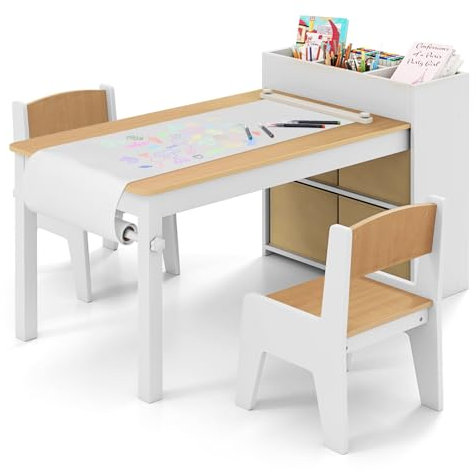 COSTWAY Kindertisch mit 2 Stühlen, 2 in 1 Kindersitzgruppe aus Holz mit Stauraum, Kinder Tisch Stuhl Set mit Papierrollenhalter & 4 Stoffbehältern, Maltisch für Kinder ab 3 Jahren (Natur)