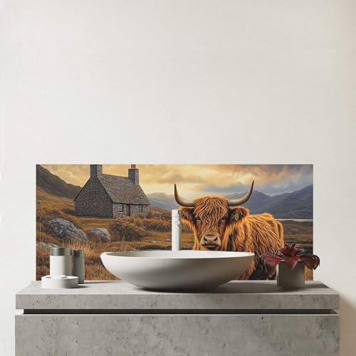 Warren Reed - Designer Premium Highland Cow And A Cottage Glass Bathroom Splashback 6mm Toughened Glass – Water-Resistant Wall Protector for Basins & Sinks, Polished Edges