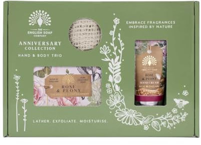 The English Soap Company Anniversary Jasmine and Wild Strawberry Hand and Body Gift Set, Cruelty-Free Toiletries Trio (Gift Box, Rose & Peony)