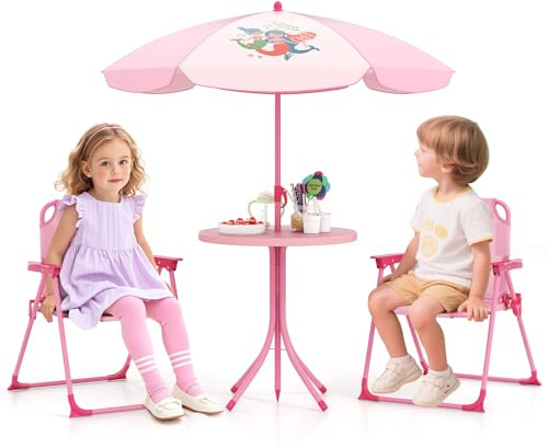 COSTWAY Kindersitzgruppe mit Sonnenschirm, 4 teilige Kindersitzgarnitur mit 2 Klappstühlen, Sitzgruppe Kinder Outdoor, Kinder Picknicktisch Gartenmöbel für Camping, Strand & Garten (Rosa)