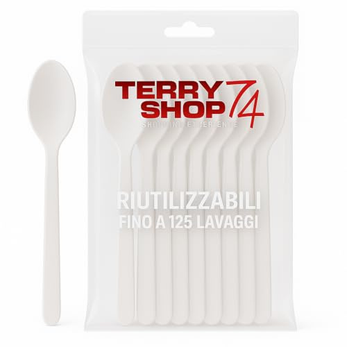 Terryshop74 Forchette Riutilizzabili Lavabili in Lavastoviglie Fino a 125 Volte – 7 Pollici – 6 Colori – Plastica Resistente – Varianti Coltelli e Cucchiai Bianchi (100, Cucchiai bianchi)