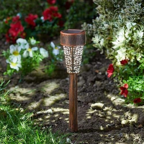 Garden Mile 6pc Damasque Solar Stake Lights with Silhouette Effect Driveway Pathway Lighting Solar Garden Lights Outdoor Waterproof All Season Long Ideal for Flowerbeds Borders Planters