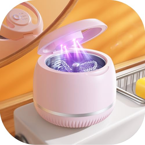 Beser Ultrasonic Retainer Cleaner, 2X Clean, Dental Ultrasonic Tooth Cleaner Machine Pod for Aligner, Nightguard, Mouth Guard, Denture Cleaner Baths, Jewelry, IPX6, 200ML (Pink)