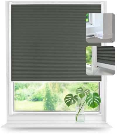 Tom'Shop Plissee nach Maß Kassettenrollo ohne Bohren zum Kleben plissee mit schiene, Höhe 150-200 cm, Breite: 25-120 cm, Wabenplissee Faltrollo Sichtschutz und Sonnenschutz für Fenster und Tür