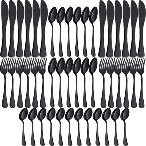 Joeczo 48 Piece Black Cutlery Sets, Black Cutlery Set for 12 People | Include 12 Forks, 12 Knives, 12 Spoons, 12 Teaspoons, Dishwasher Safe, Black Silverware Set for Home/Restaurant