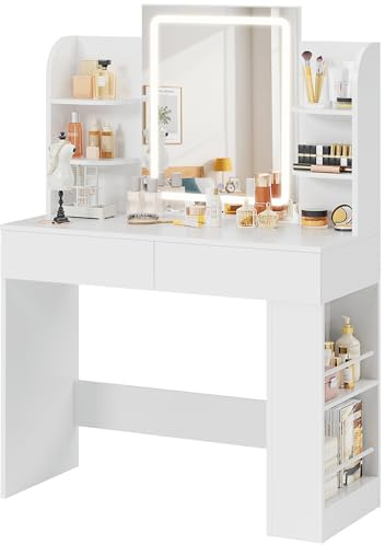 YESHOMY Vanity Desk with Mirror and Lights,35.4 Makeup Vanity with 2 Storgae Drawers, 2 Side Shelves and Open Storage Shelves, 3 Color Modes, for Bedroom, Pure White