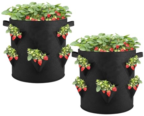 Strawberry Planter, Hanging Strawberry Planter with 6 Openings, Strawberry Grow Bags for Tomatoes and Lettuce, 7 Gallon Grow Bags with Multiple Planting Pockets, 35 X 30 Cm Dimensions Per Bag, Set of