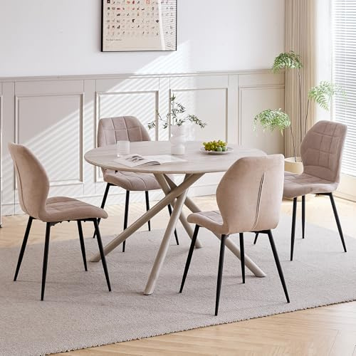 GrandCA HOME Juego de Mesa y Sillas de Comedor Nórdicas,Mesa de Comedor Redonda de 115 * 115 * 73 cm y 4 Sillas de Cocina Tapizadas,Adecuadas para Cocina,Comedor y Sala de Estar (Beige
