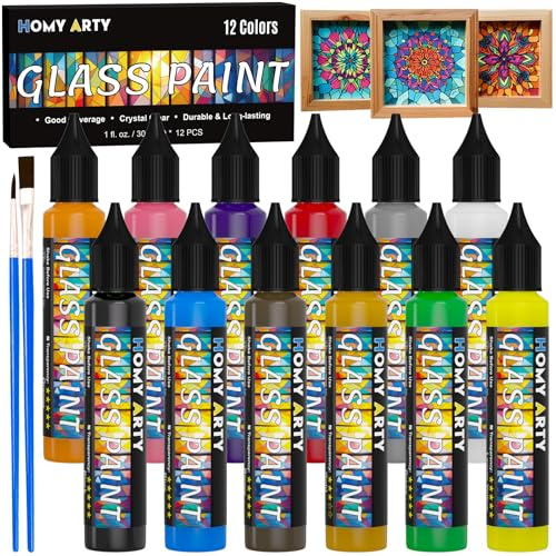 HOMY ARTY glasfärger – 12 färger x 30 ml med 2 penslar, keramiskt målningsset, vattentätt glasfärgset, akrylfärg för glas, keramik, glödlampor, plast och fönster, keramisk färg för vinglas
