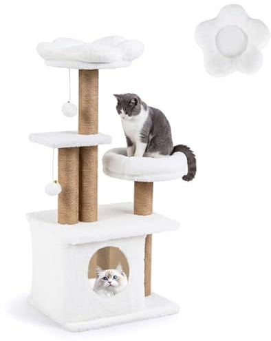 GOPLUS Árbol Rascador para Gatos de Varios Niveles, 96 cm Torre para Gatos con Percha Superior en Forma de Flor, Condominio, 3 Postes Rascadores, 2 Pompones, Centro de Actividades para Gatitos (Beige)