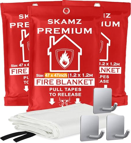 SKAMZ Premium Fire Blanket [Upgraded Size XL 47.2x47.2inches 3-Pack] Fire Blanket Fire Suppression Blanket Fire Emergency Blankets for Kitchen, Camping,BBQ Grilling 1.2x1.2Metre