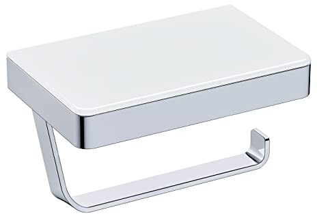 BERNSTEIN Toilettenpapierhalter G501 mit Glas-Ablage, Klopapierhalter aus Edelstahl, Selbstklebender WC-Rollenhalter ohne Bohren, mit praktischer Ablage