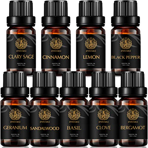 Aromatherapie Basilikum ätherisches Öl Set für Diffusor, 100% reines Bergamotte ätherisches Öl Kit für Hause, 9x10ml Therapeutic Grade Black Pepper ätherische Öle Set-Zimt,Clary Salbei,Geranienöle...