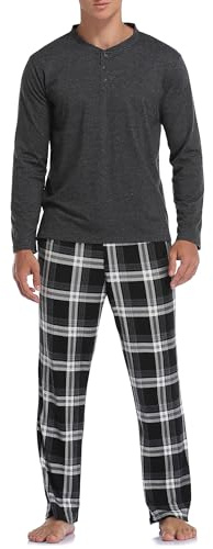 Vlazom Ensemble Pyjama Homme Hiver Col Rond - Haut à Manches Longues et Pantalon à Carreaux