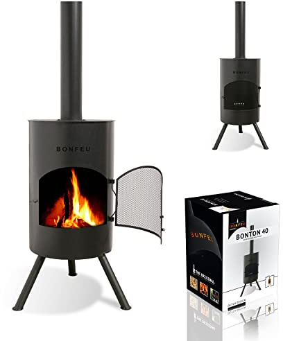 BonFeu BonTon 40 Schwarz - Terrassenofen - Feuerstelle mit Funkenschutz für entspannte Abende - Feuersäule Outdoor - Terrassenkamin mit Grillrost - Gartenofen aus Cortenstahl - 40x40x145cm