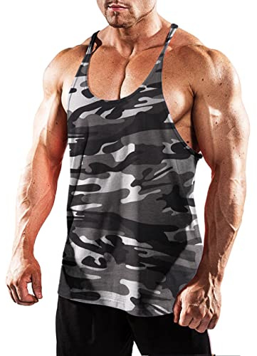 Muscle Alive Mens Gym Stringer Singlet 1cm Strap Stretchy Bodybuilding Workout Tank Top Cotton Black Camo M