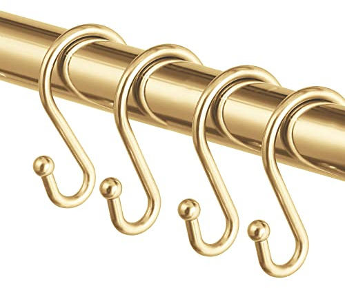 Metal Shower Curtain Hooks，Set of 12 Rings，Rust Resistant S Shaped Hooks Hangers for Shower Curtains, Kitchen Utensils, Clothing, Towels, etc. (Gold)