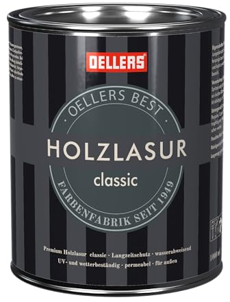 OELLERS Holzlasur classic, 1 Liter Ebenholz, Premium Holzanstrich, geeignet für alle Holzarten, Imprägnierung + Grundierung + Lasur, Schützt vor Feuchtigkeit und Verwitterung, für Innen und Außen