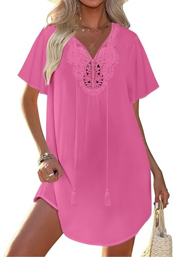 Ekouaer Strandöverdrag för kvinnor strandkläder urholkad strandklänning spets virkad V-ringad bikini täcka upp S-XXL, Rosa, XXL