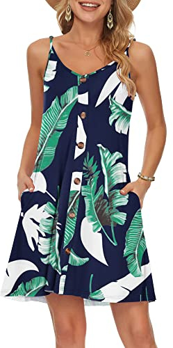 WNEEDU Robe D'été Femme Bretelles Spaghetti de Plage Courte Robes Décontractée Col en V avec Poches Imprimé Bleu S