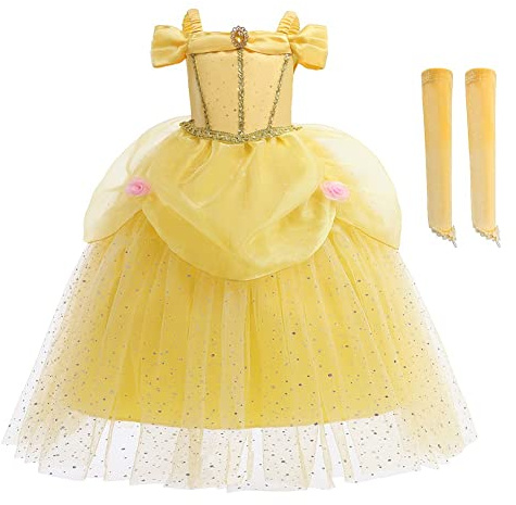 MYRISAM Disfraz de Carnaval Vestidos de Princesa Belle para Niñas Traje de Halloween Navidad Cumpleaños Fiesta Ceremonia Aniversario Bella y Bestia Costume con Mangas de Brazo 8-9