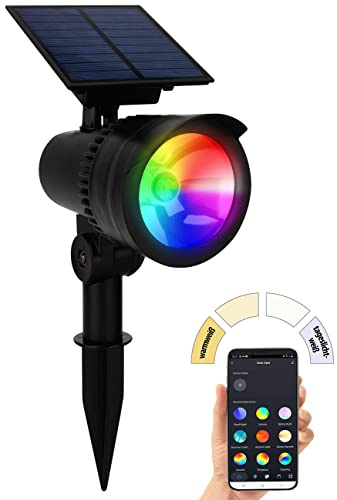 Lunartec Solar Gartenlampe: Smarter Solar-LED-Spot mit RGB-CCT, 50 lm, 1 W, Bluetooth, App, IP44 (Solarlampe Erdspiess, LED-Spot mit Erdspieß, iPad)