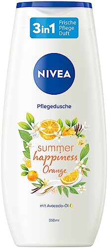 NIVEA Summer Happiness Orange Pflegedusche (250 ml), pH-hautneutrales Duschgel mit natürlichem Avocado-Öl, feuchtigkeitsspendende Cremedusche mit frischem Orangen-Duft
