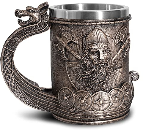 OTARTUDE Boccale da birra rivestito in acciaio inox, motivo norreno con nave Drakkar vichinga, guerriero e dragone, idea regalo, da collezione, 550 ml