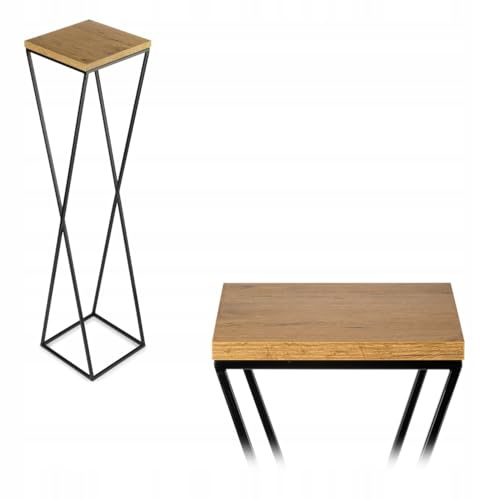 HowHomely Pflanzenständer Metall 100 cm Hoch - Stabiler und Fester Blumenhocker mit Eiche Optik MDF-Platte auf Schwarz Ständer - Blumenständer zur Dekoration Innenräumen