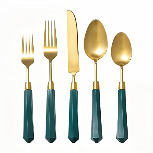 5-Piece Diamond Handle Kitchen Silverware Cutlery Set 304 Stainless Steel Brushed Portable Detachable Brushed Knife Fork Spoon Dessert Fork Spoon (Green Gold)